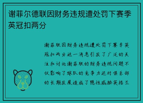 谢菲尔德联因财务违规遭处罚下赛季英冠扣两分 谢菲尔德联因财务违规遭处罚下赛季英冠扣两分