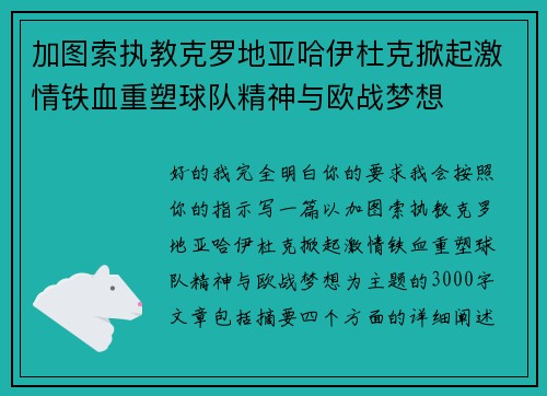 加图索执教克罗地亚哈伊杜克掀起激情铁血重塑球队精神与欧战梦想 加图索执教克罗地亚哈伊杜克掀起激情铁血重塑球队精神与欧战梦想